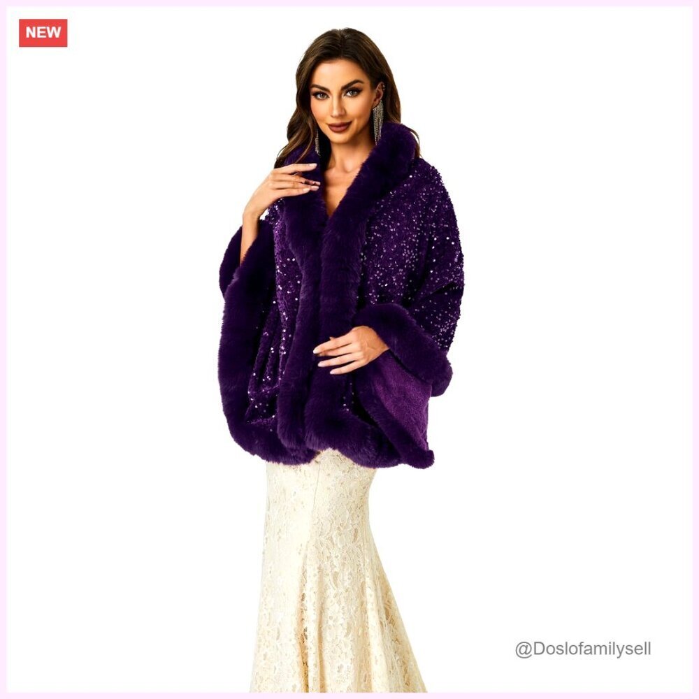 Faux Fur Wrap Stole with Sequins for Wedding Prom Evening Party